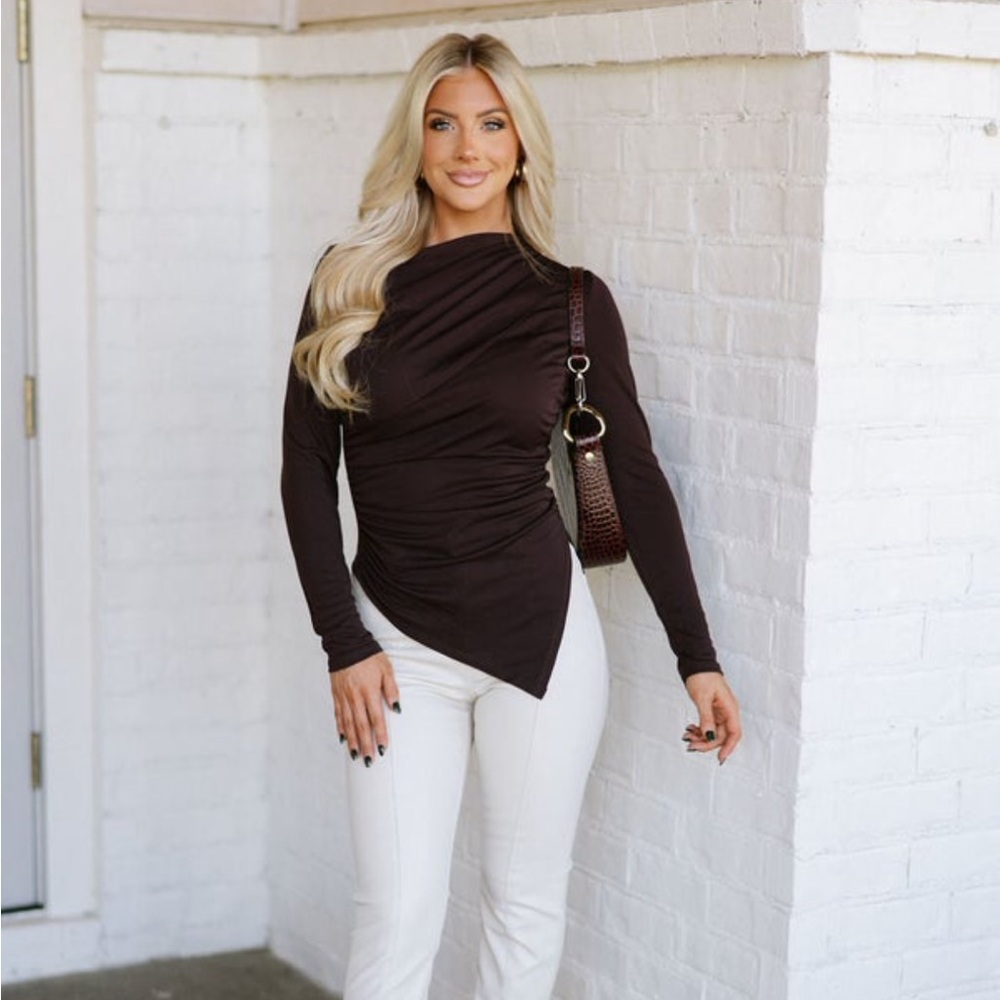 Brown asymmetrical long sleeve top